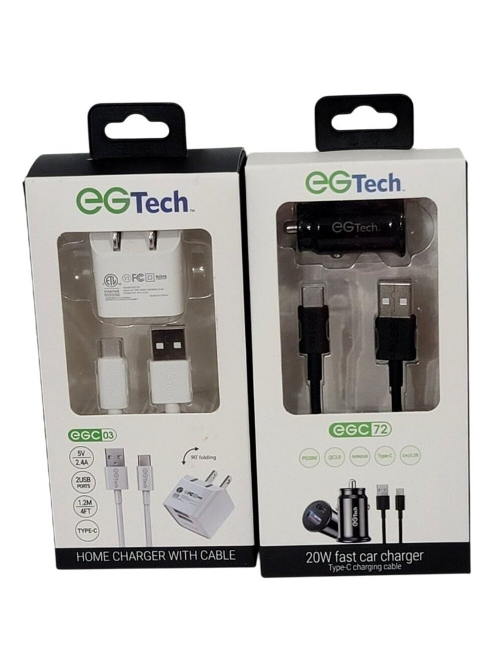 EGTech Home & Car Charger Bundle With USB-C Cables 20W Fast Charging Dual USB Po